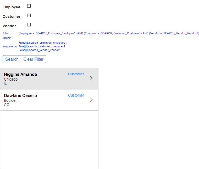 Searching Logical Fields in a List using Checkboxes. Only records where 'Customer' is true and 'Employee' and 'Vendor' are false are shown.